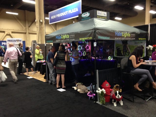 Apollo resting beside the Halo Lights booth at a trade show — 2015